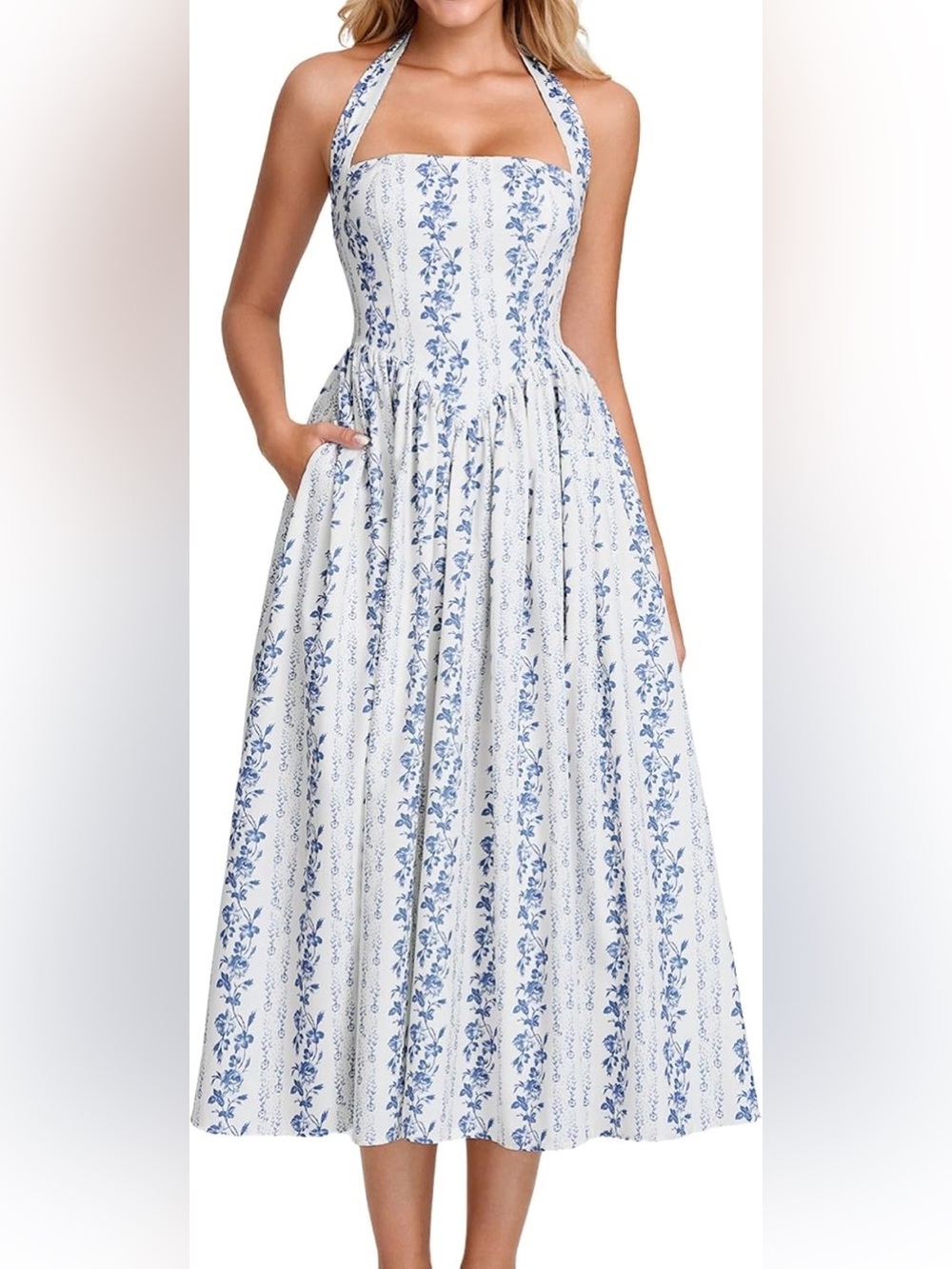 Parthea Cottagecore Floral Halter Midi Dress Blue White Pockets XS